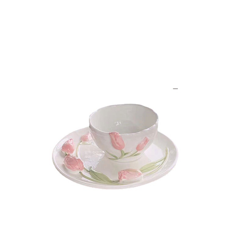 Tulip Ceramic Bowl Dish Household Tableware Korean Three-Dimensional Relief Cup Girl Milk Coffee Cup Cake Dessert Plate