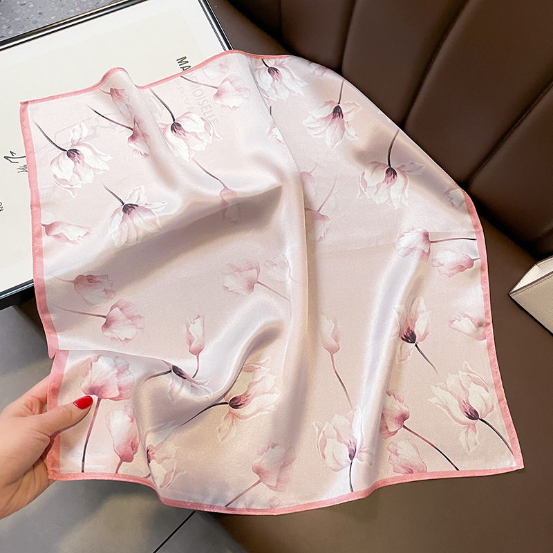 Korean Style Pink Temperament Fairy Style Flower Mulberry Silk 53 Silk Scarf Female Small Square Towel Neck Scarf Arm Bag