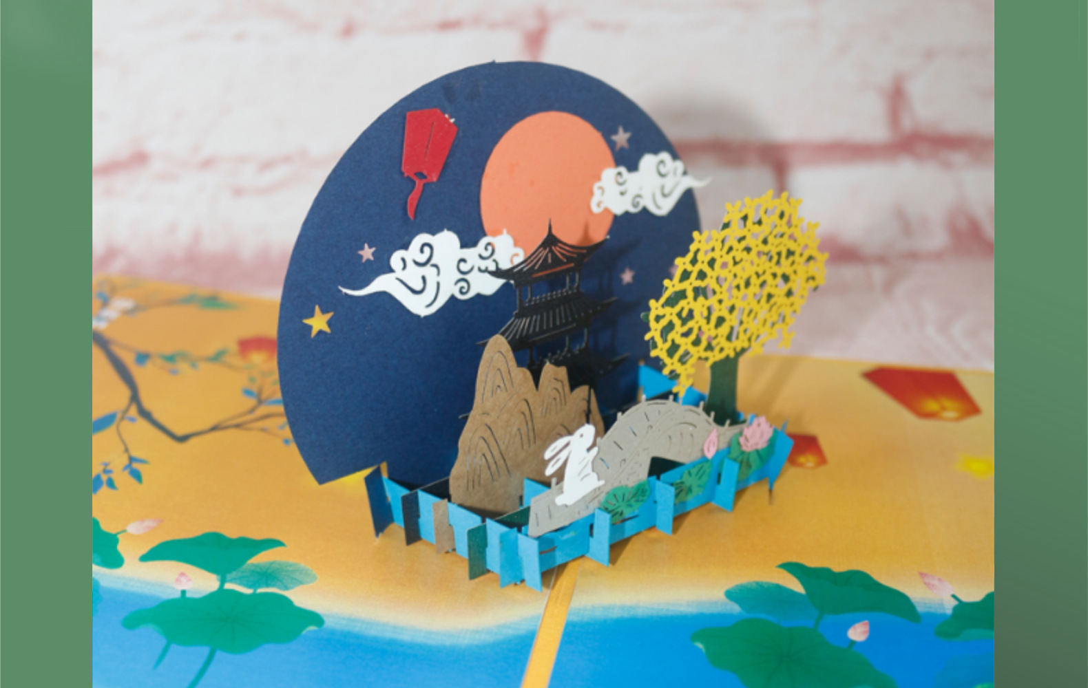 创意中秋节桂花树桥3d立体纸雕卡片剪纸艺术镂空印刷设计模型贺卡