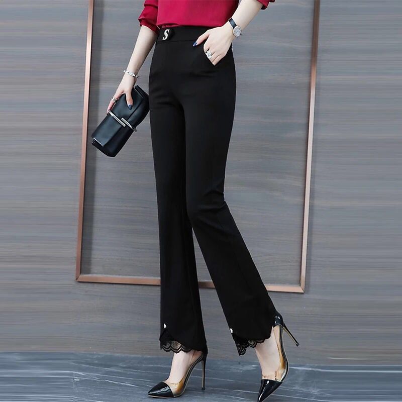 开叉喇叭裤蕾丝微喇休闲女裤年春夏新款韩版显瘦宽松黑色西裤代销