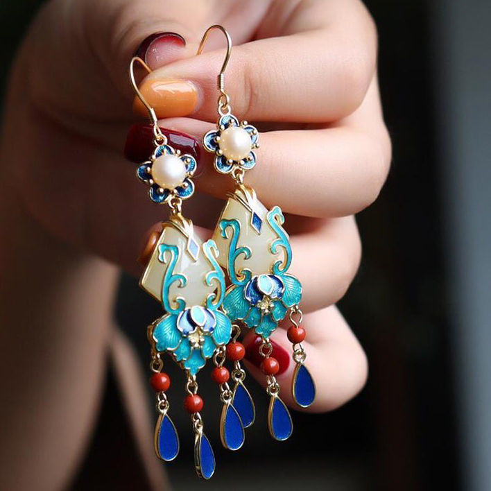 古风耳环中国苏复古典镀金色烧蓝莲花耳饰仿和田玉耳坠女气质