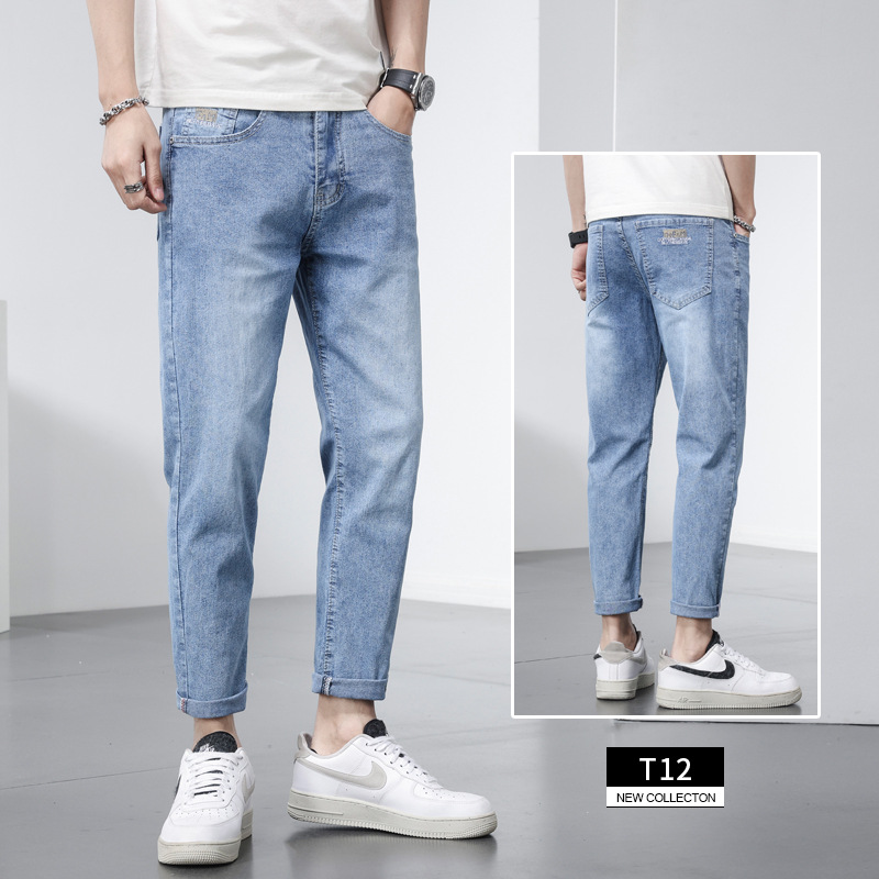 Cropped Jeans Men's Summer Thin Loose Straight Fashion Brand Ins Versatile Stretch Light Color Casual Cropped Pants