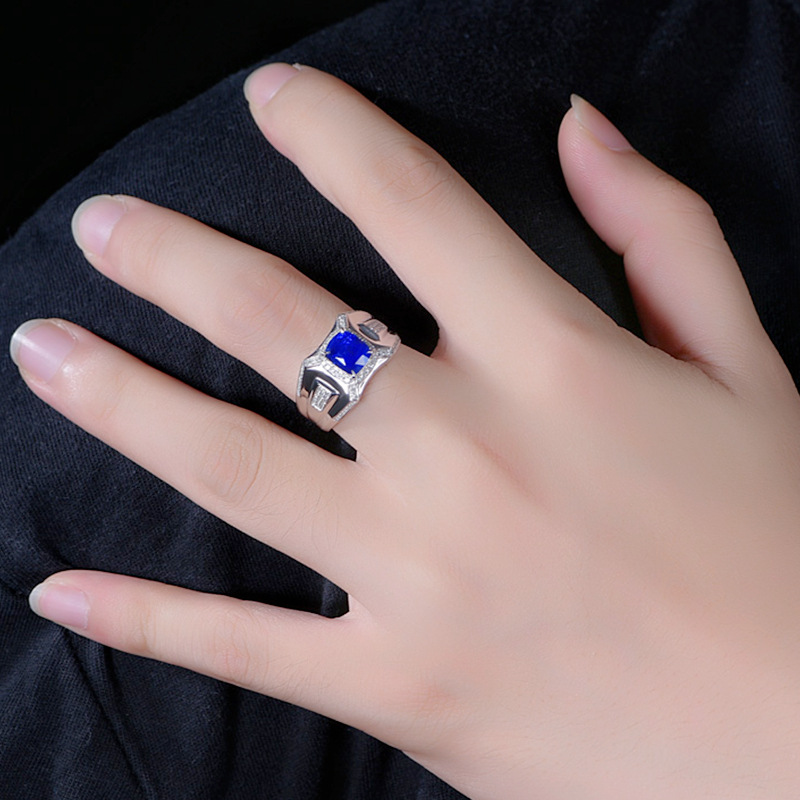 霸气满钻仿天然皇家蓝宝石戒指男款 潮男18k金蓝锆石钻石彩宝戒指