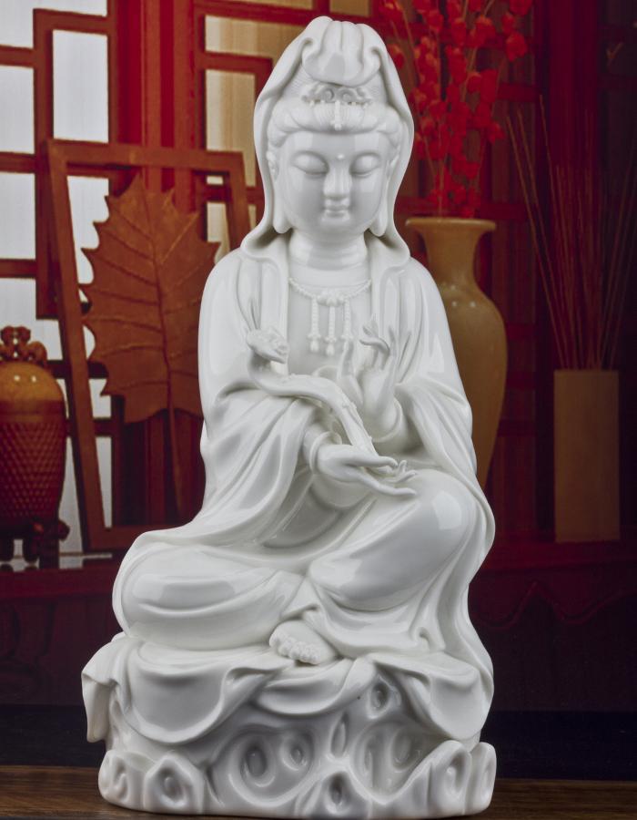 手工雕塑德化猪油白披坐如意观世音菩萨大士佛像家居供奉保平安