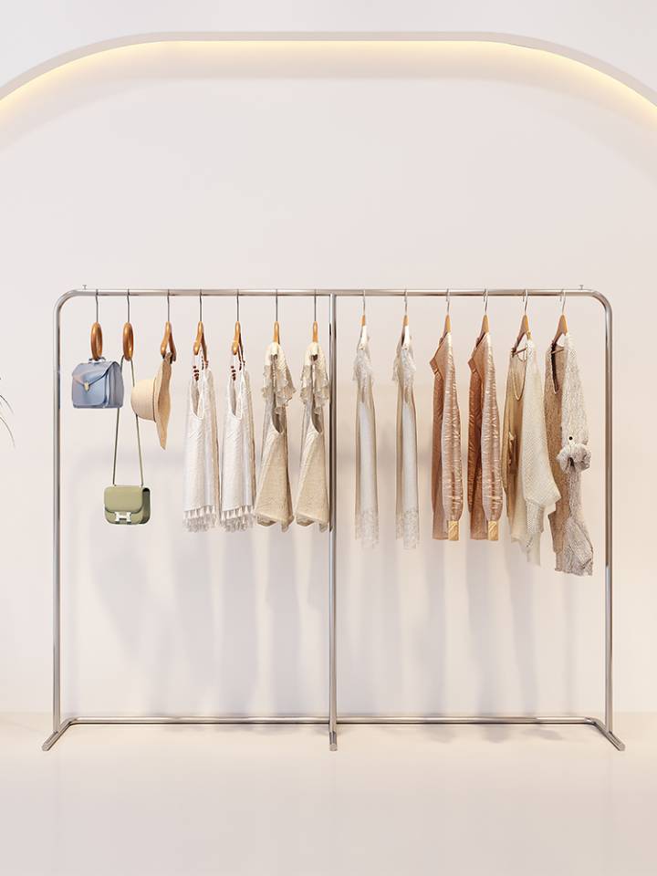 服装店展示架落地式挂衣服架子不锈钢拉丝银色展示挂衣架女装货架