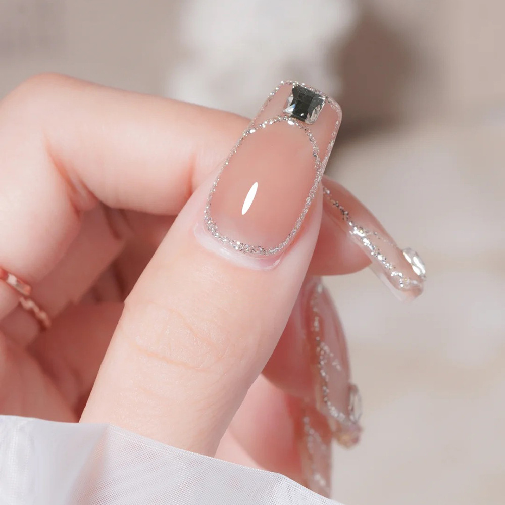 纯欲甜美风温温柔柔冰透裸粉水晶蝴蝶美甲穿戴甲可拆卸假指甲贴片