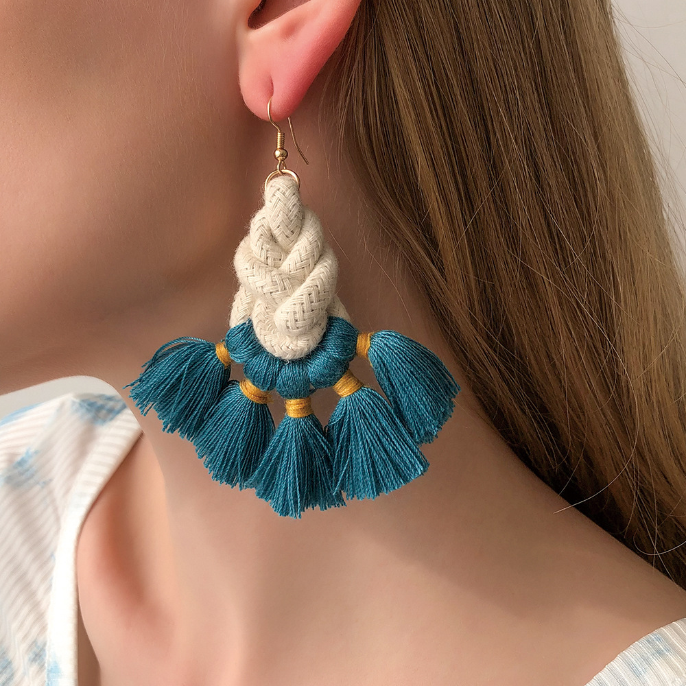 e9540跨境欧美流行耳饰 时尚波西米亚度假风流苏手工编织绳子耳环
