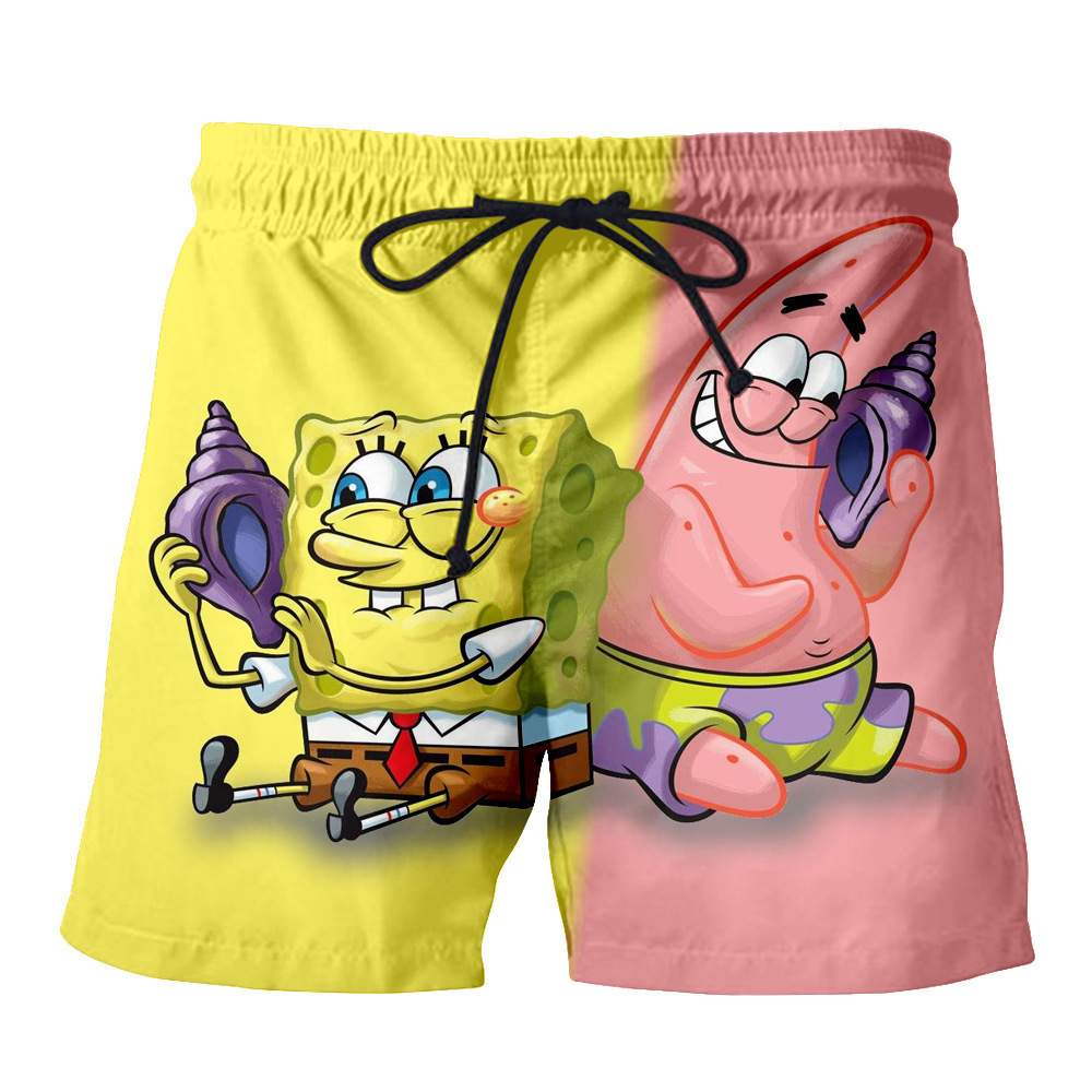 hfh 男士沙滩短裤 卡通动漫海绵宝宝短休闲裤