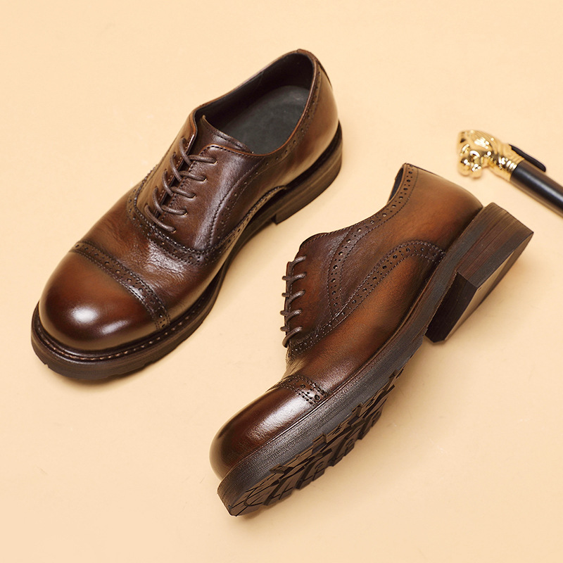 英伦布洛克男鞋真皮复古手工厚底休闲皮鞋三接头商务正装结婚鞋潮
