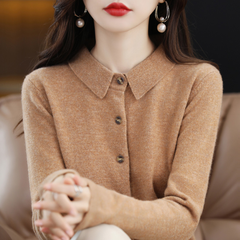 Autumn and Winter Polo Collar Pure Wool Sweater Women's Coat Younger Peter Pan Collar Cashmere Coat Women's Loose Lapels Knitted Cardigan