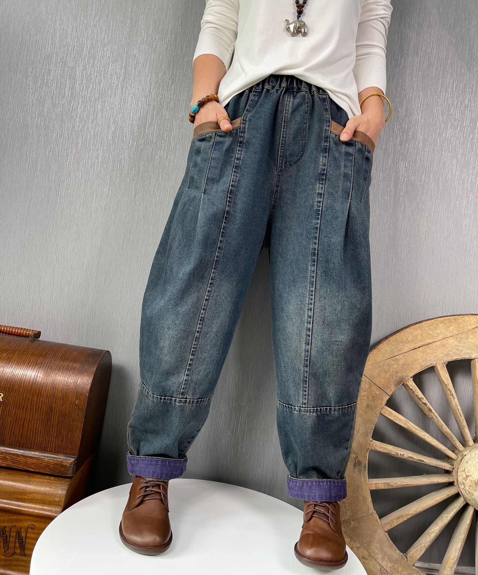 简梦复古做旧水洗拼色哈伦牛仔裤女士早秋新款文艺宽松休闲长裤潮