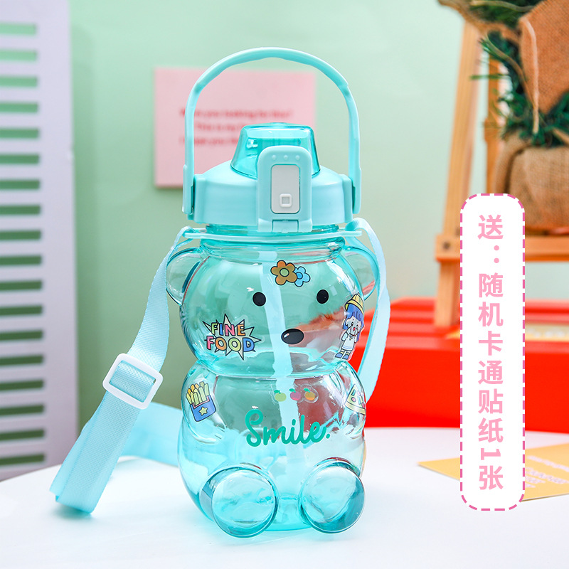 Cute Bear Water Cup Summer Large Capacity Student Good-looking Plastic Tape Straw Cup Portable Kettle Big Belly Cup