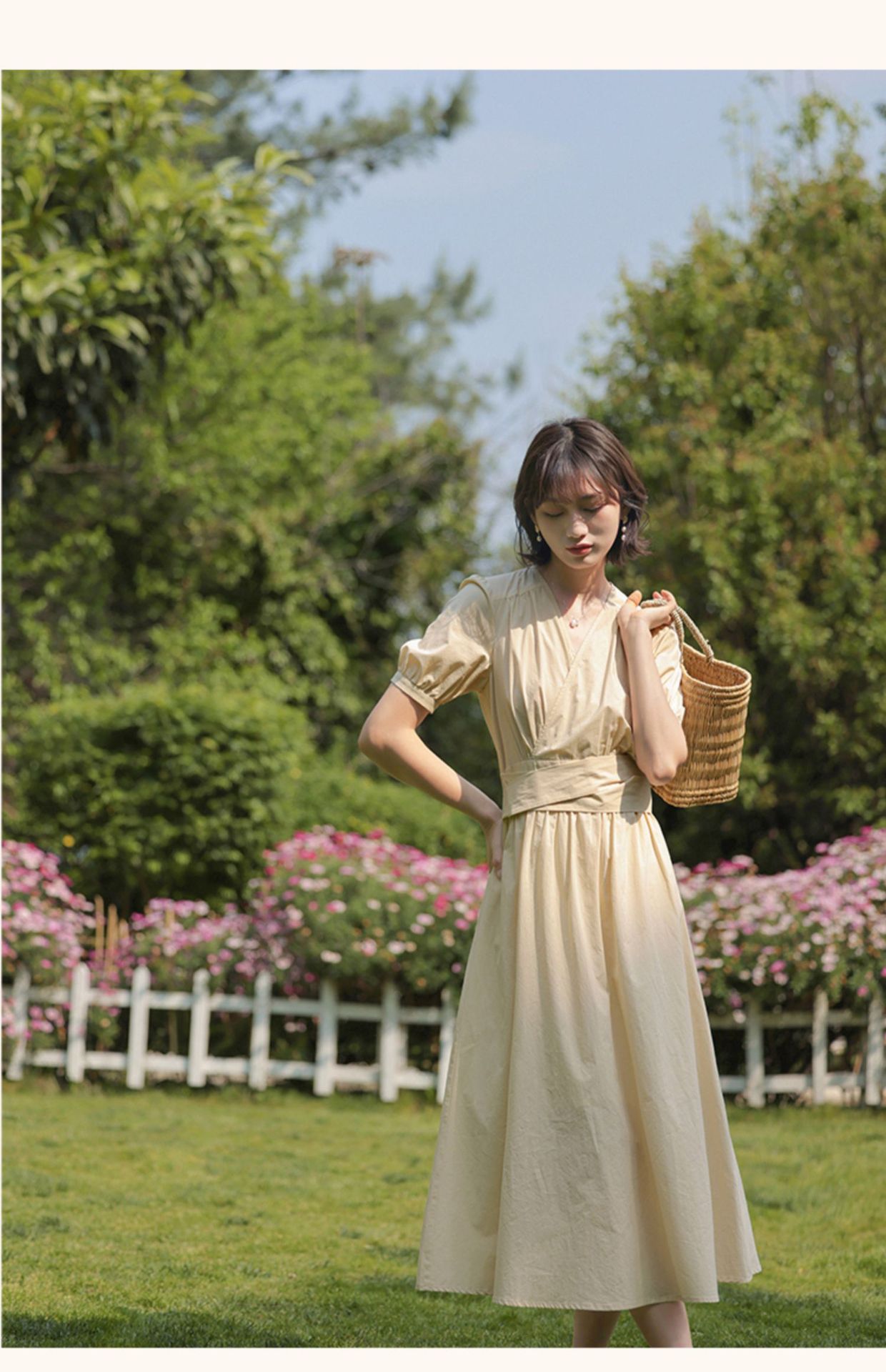 法式复古茶歇裙子泡泡袖长裙收腰小清新甜美初恋黄色v领077