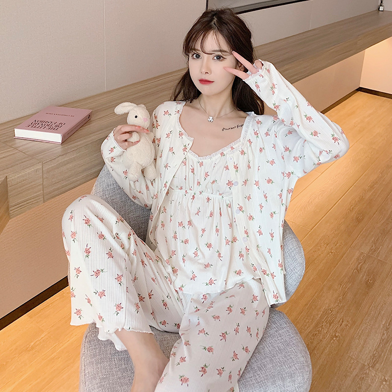 Spring, Summer and Autumn Cotton Pajamas Women's New Long-Sleeved Trousers Sexy Floral Home Wear Loose Three-Piece Suit Can Be Worn outside