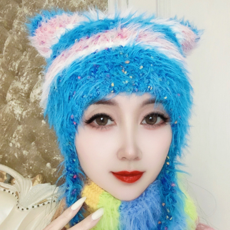 新款韩版仿水貂毛绒帽子女冬季保暖显脸小护耳毛线帽可爱猫咪帽潮