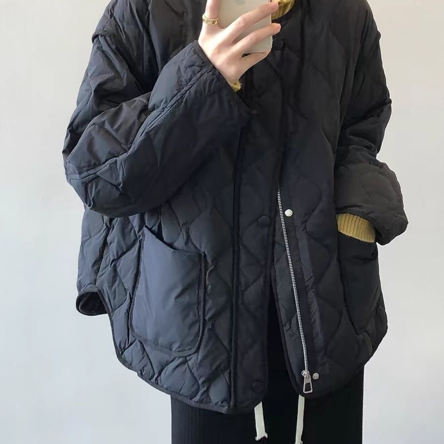 白鸭绒轻薄羽绒服女短款冬季欧货小个子菱格棒球服宽松面包服外套