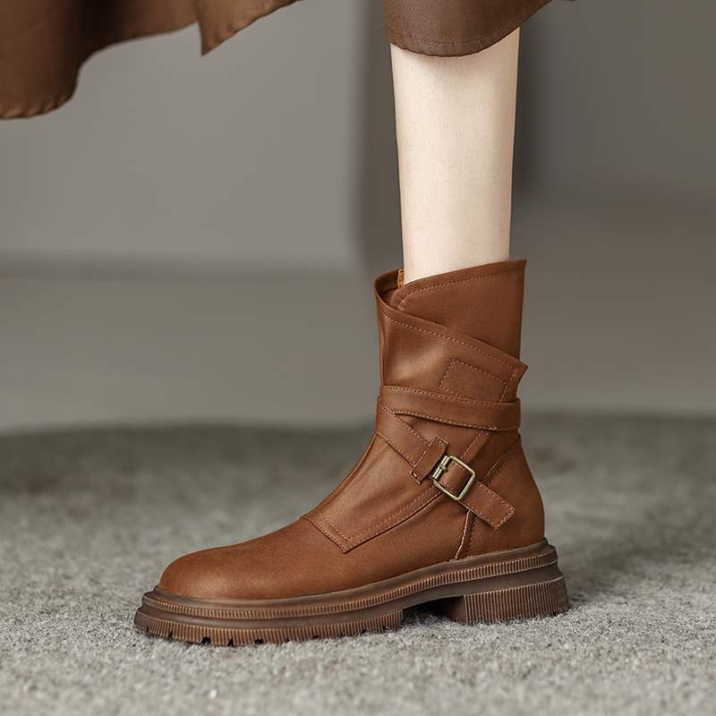 巨好看~真皮复古网红厚底西部牛仔靴骑士靴女短靴子马丁靴新款冬