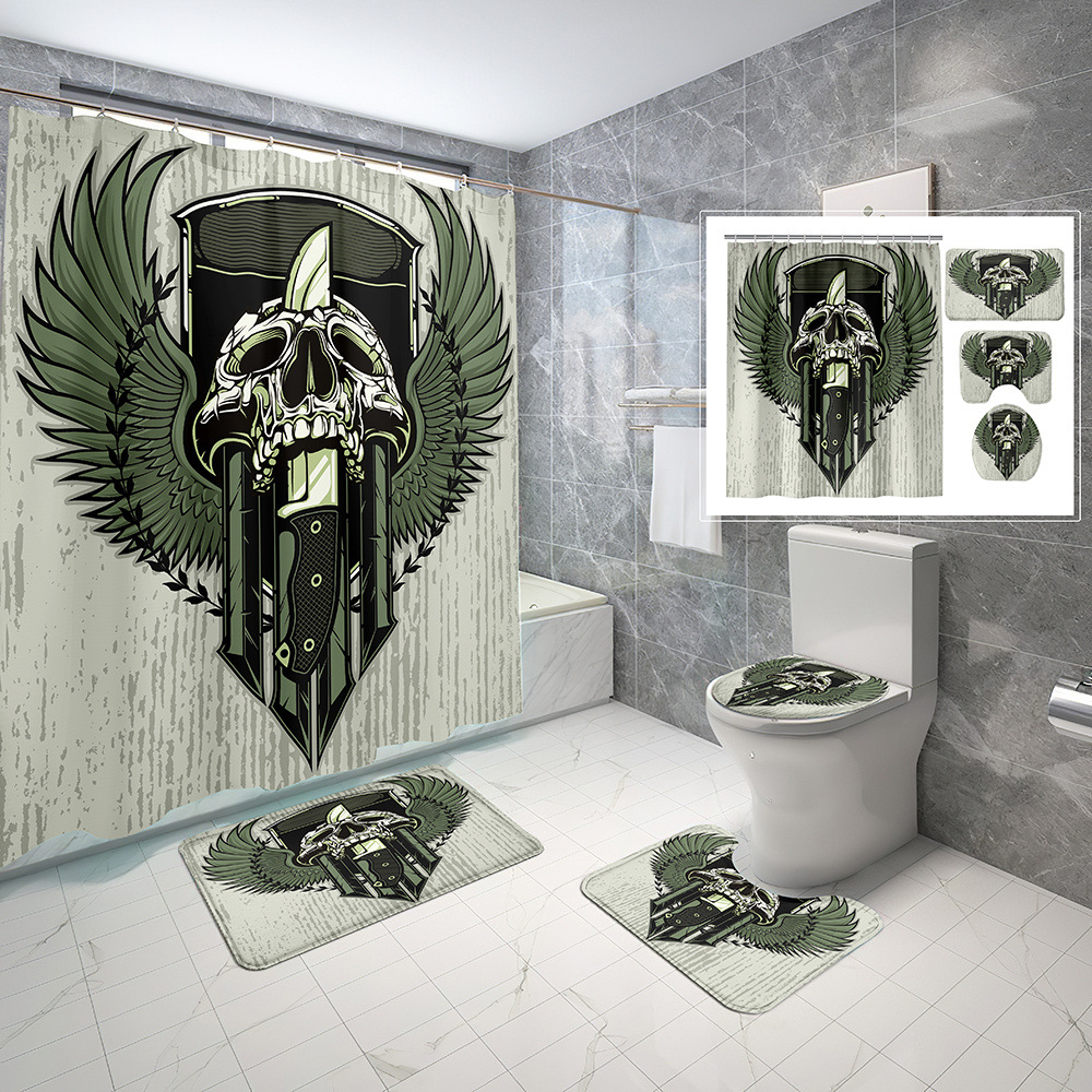 White Waterproof Shower Curtain Four-Piece Skull Flower Digital Printing Bathroom Set Three-Piece Set Toilet Cover Mat