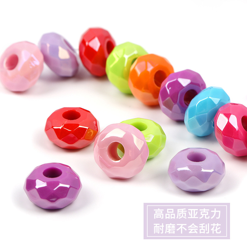 14mm Solid Color Acrylic Large Hole Hollow Bead Transparent Color Flat round Plastic Bead DIY Mobile Phone Charm Beaded Wholesale