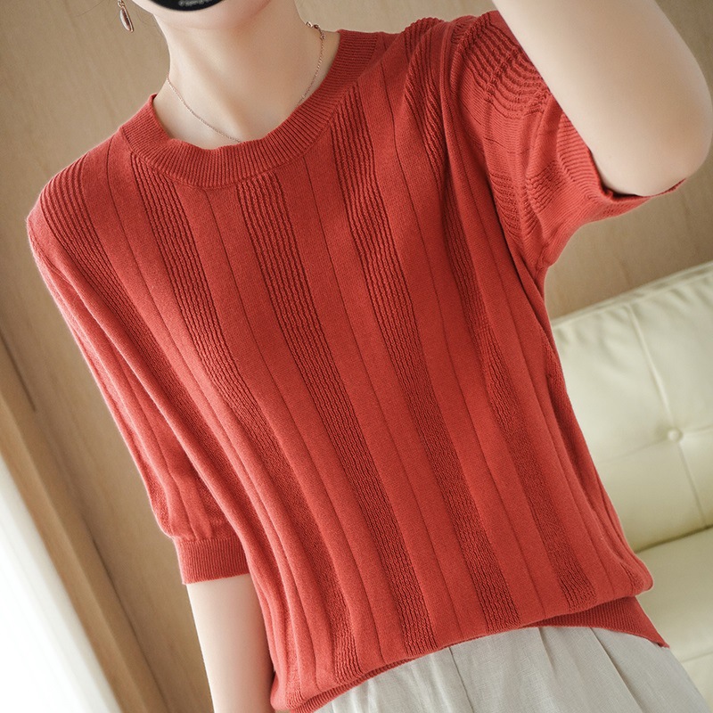 棉线针织短袖t恤女上衣背心半袖打底短款春夏竖条圆领套头体恤衫