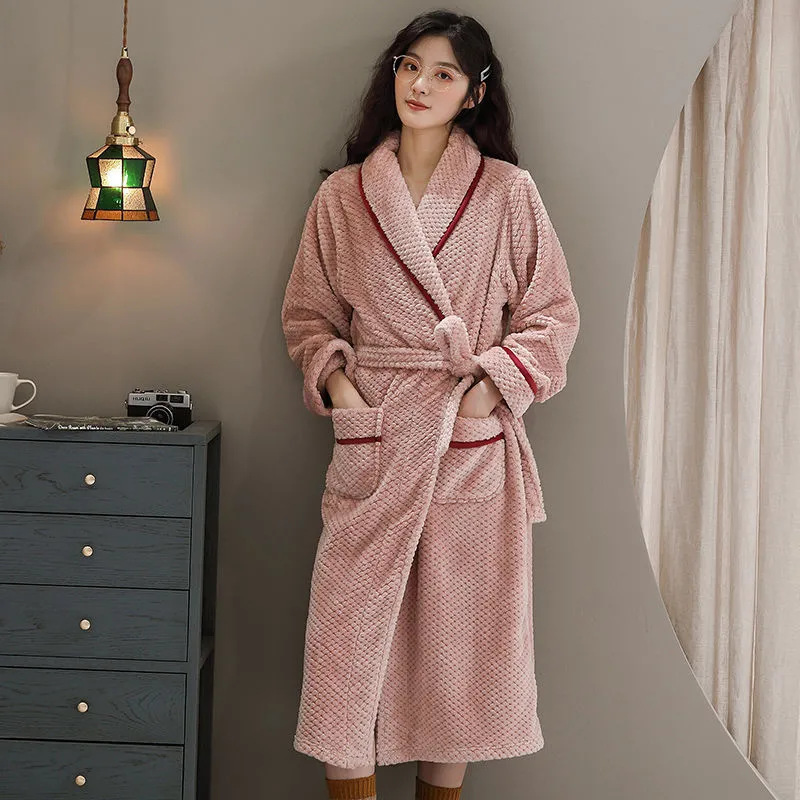 Factory Coral Fleece Couple Nightgown Flannel Bathrobe Pajamas Extended Thickened Women's Winter Fleece-lined