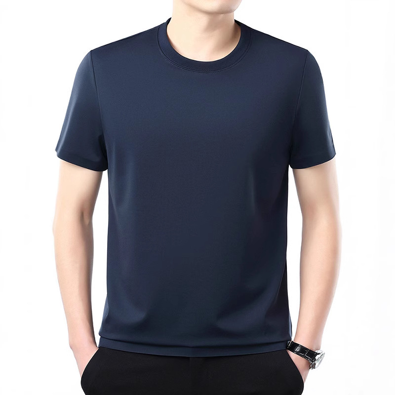 桑蚕丝短袖t恤男圆领半袖上衣2025夏季新款冰丝T体恤中年休闲男装