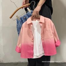 男童粉色长袖衬衫韩版春装儿童帅气渐变色翻领休闲衬衣洋气上衣汎