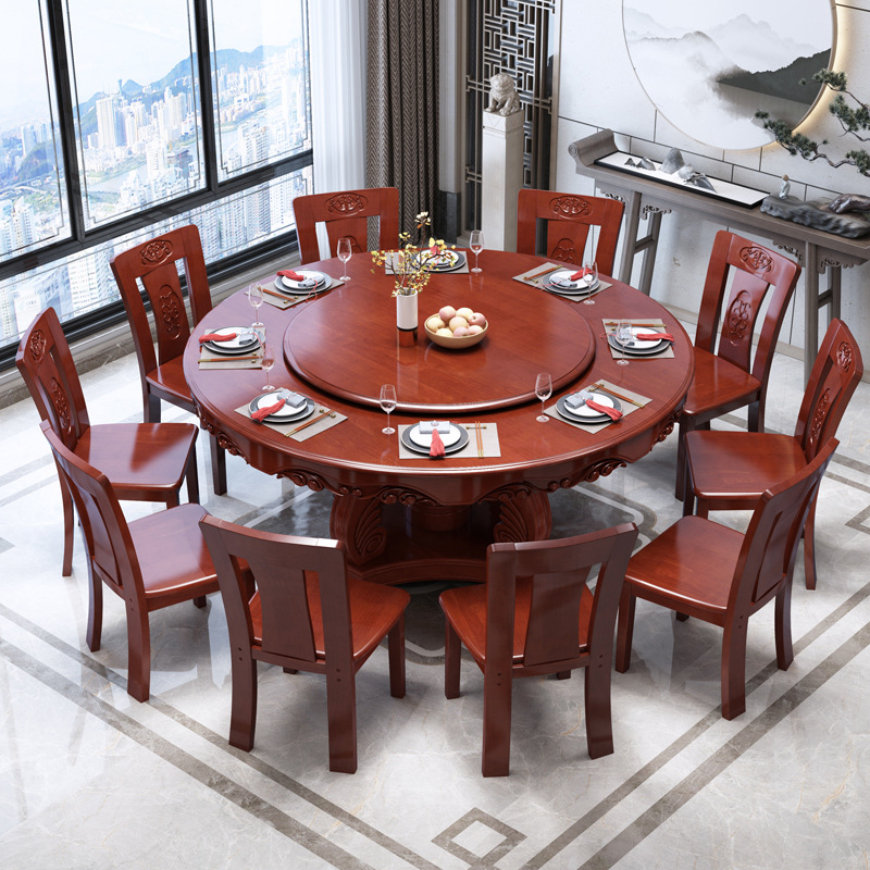 实木餐桌带转盘10人圆餐桌中式家用大圆桌吃饭桌子圆形餐桌椅组合