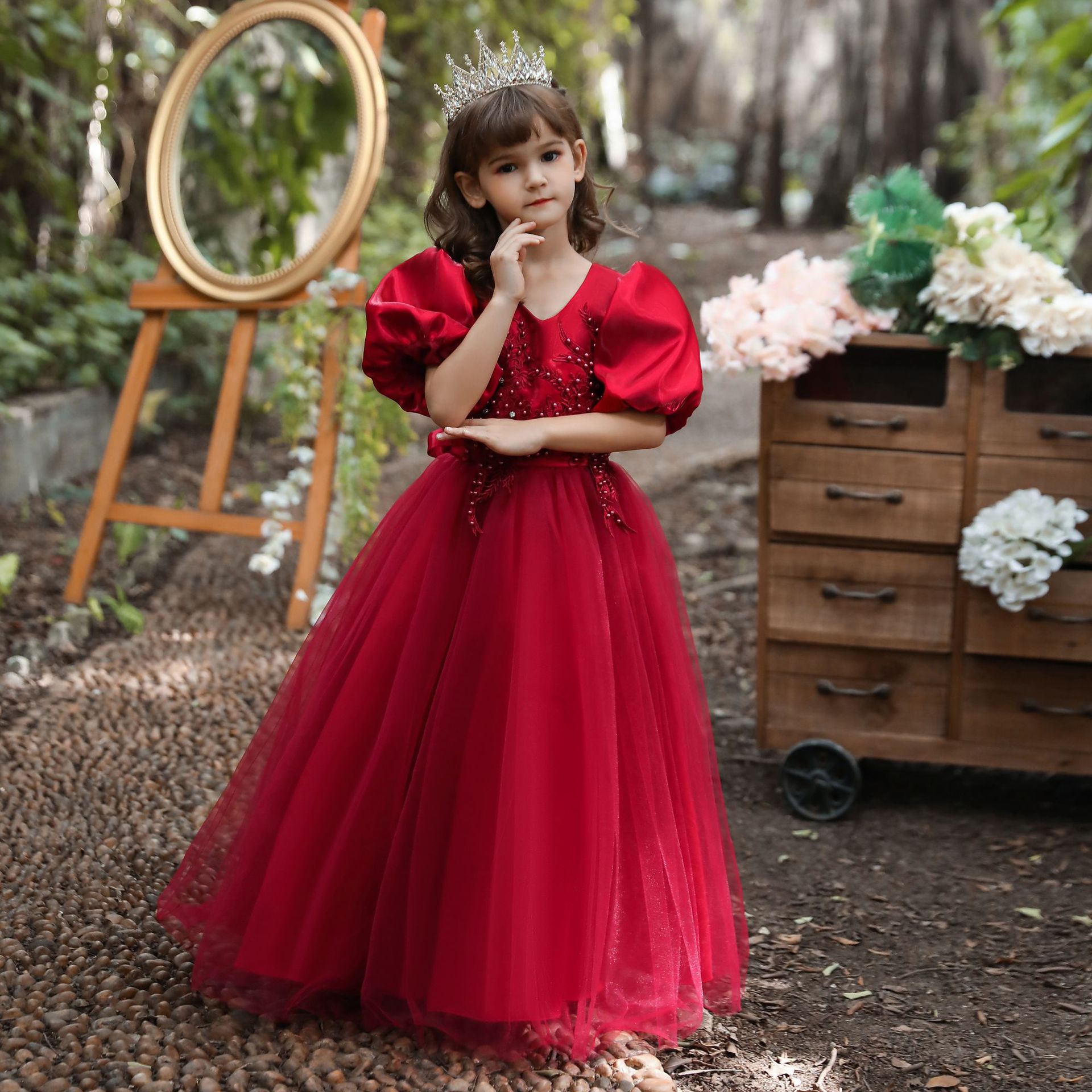 欧美女童网纱长裙儿童泡泡袖童话公主花童礼服裙六一舞台演出裙新