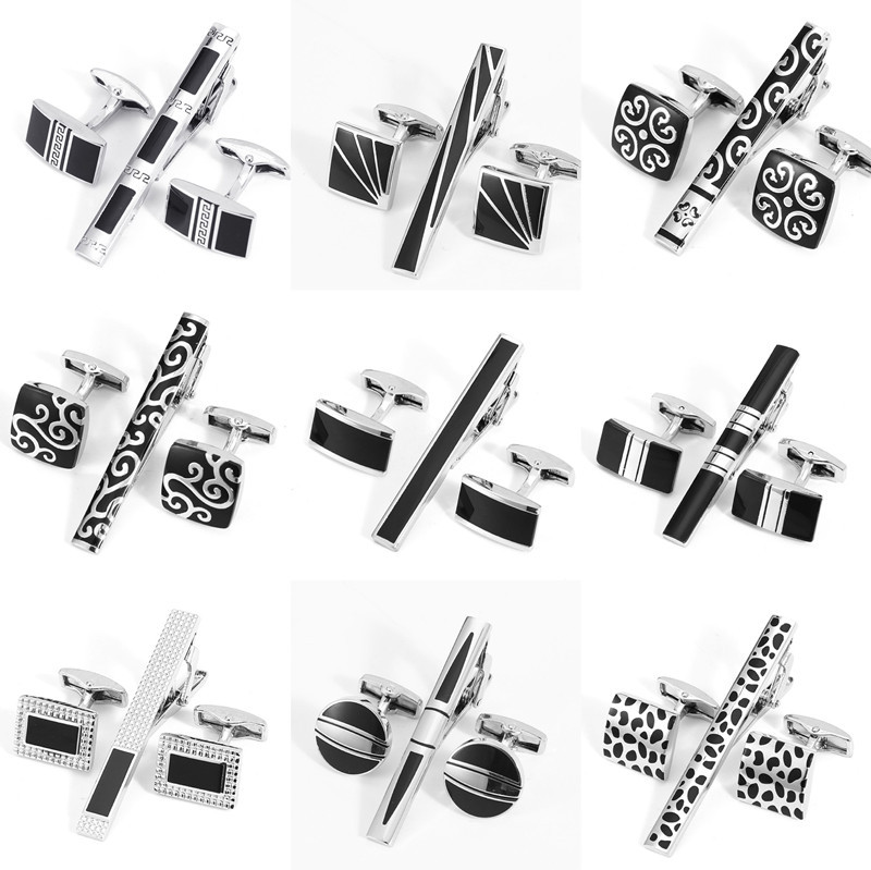 business fashion men‘s suit cuff tie accessories black three-piece cufflinks tie clip set gift