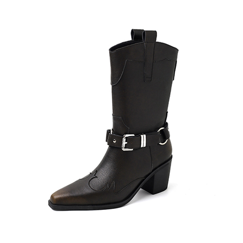 时装中筒靴秋冬季单靴尖头粗跟高跟靴皮带扣英伦风靴