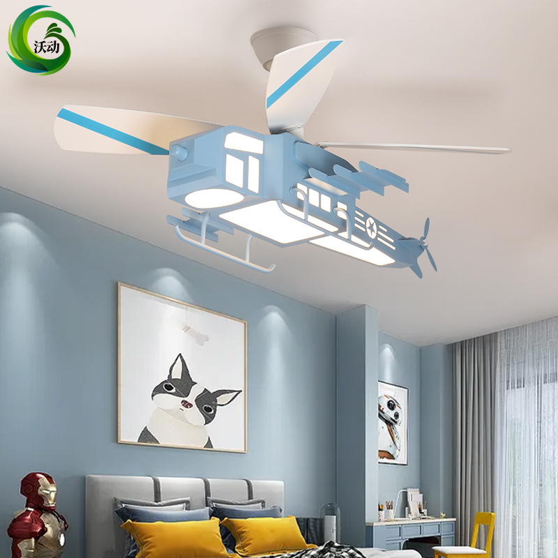 One Piece Dropshipping Children's Room Fan Lamp 2022 New Bedroom Aircraft Ceiling Light Cartoon Mute Wooden Leaf Ceiling Fan Lights