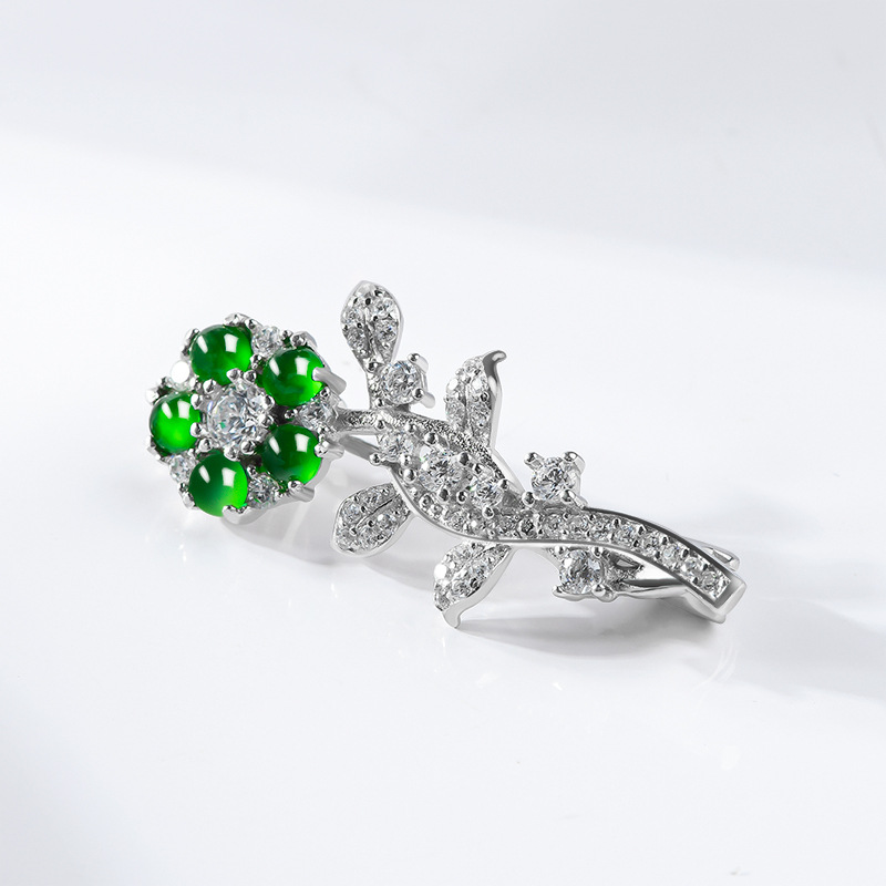 天然a货翡翠阳绿蛋面胸针s925银镶冰种高档玉石女款时尚挂件