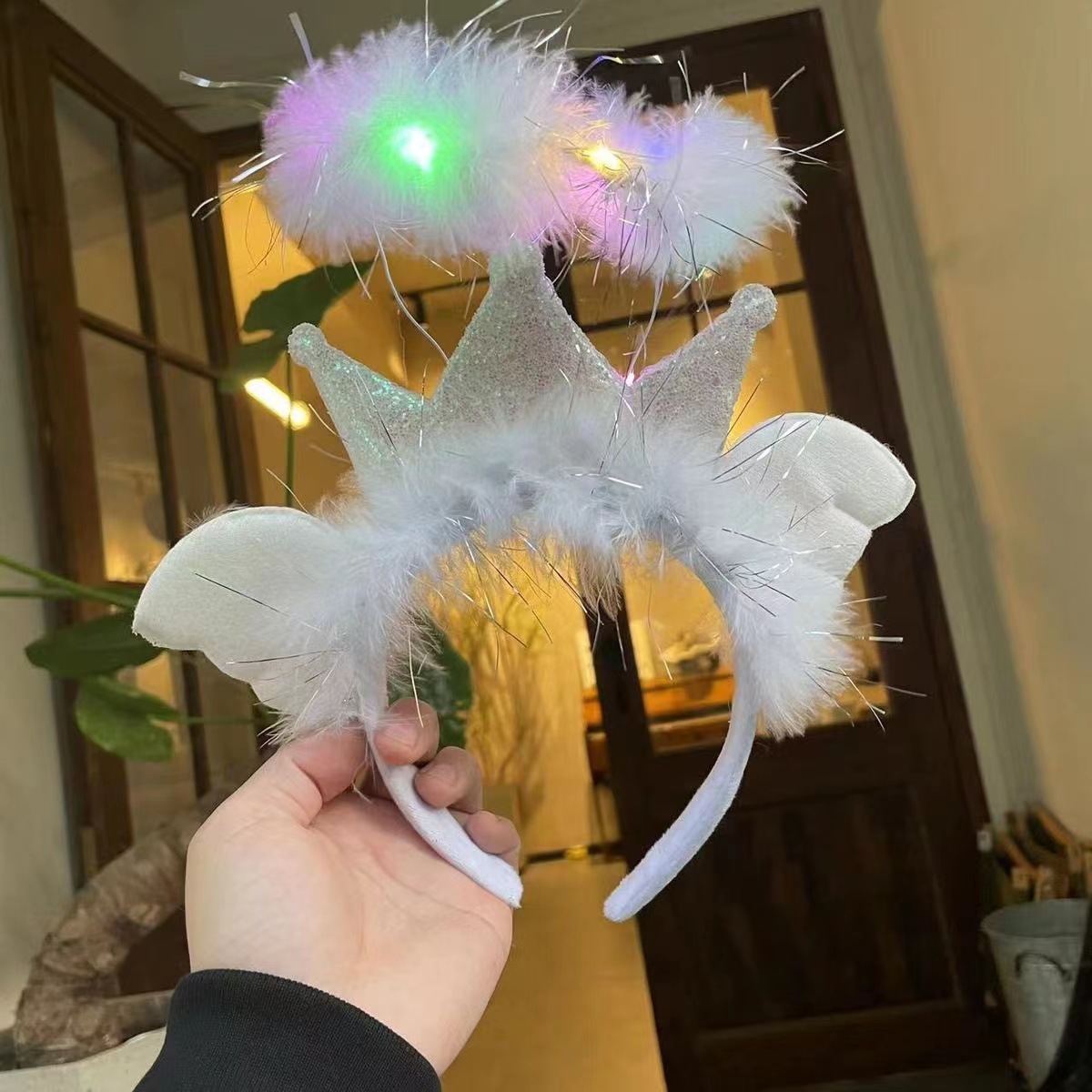 Internet Hot New Crown Angel Wings Feather Headband Live Headwear Performance Props Luminous Headband Night Market Push