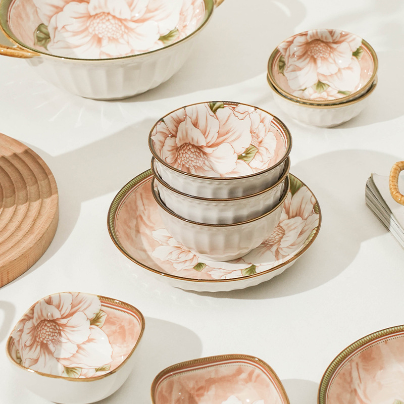 Nordic Camellia Trending on TikTok Fast Hand Ceramic Bowl and Dish Wholesale Retro Good-looking Plate Homemade Underglaze Bowl