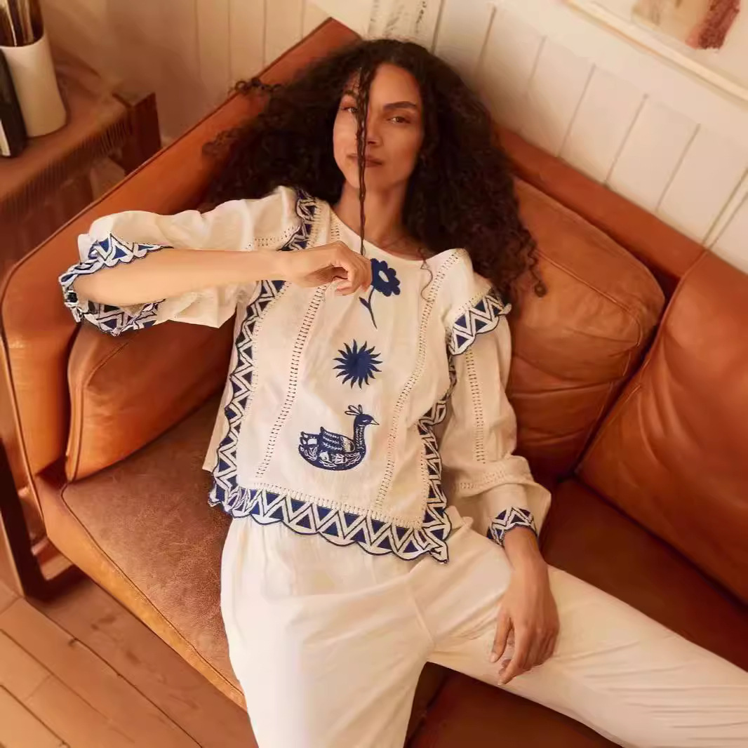 丹麦小众设计复古刺绣波西米亚民族风衬衫圆领长袖上衣女24秋装新