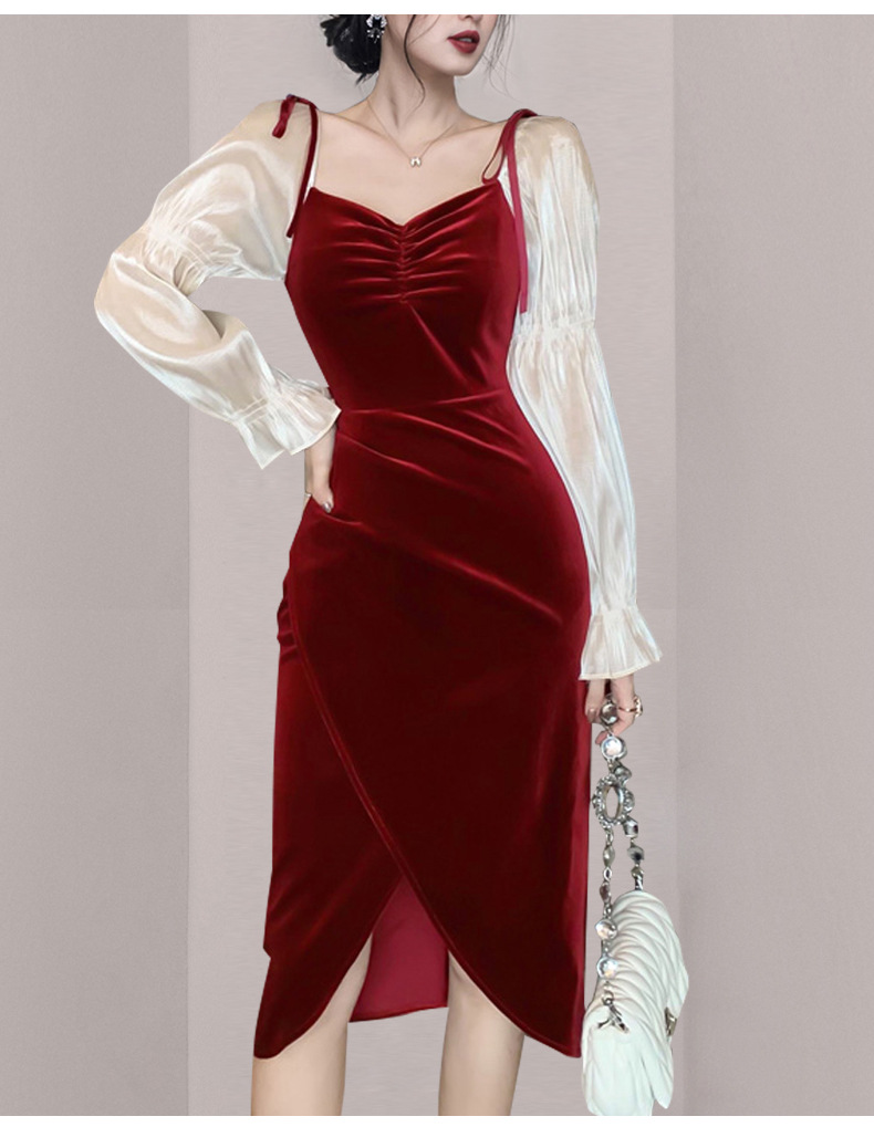 韩版气质小礼服女2020春装新款v领时尚拼接喇叭袖丝绒包臀连衣裙