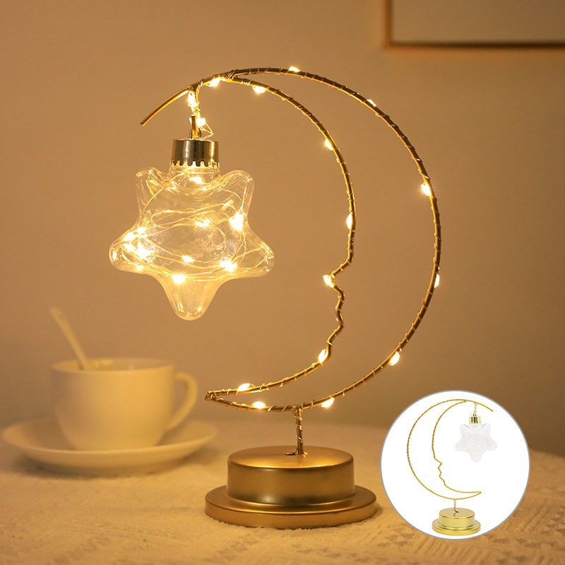 Cross-Border New Arrival Christmas Decorative Lamp Wrought Iron Moon Indoor Decoration Small Night Lamp Birthday Gift Modeling Lamp