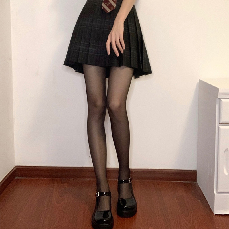 Velvet Black Silk Stockings Plaid Skirt with Hot Girl Senior Sister JK Pure Desire Spring and Autumn Black Sexy Panty-Hose Micro Pressure Stockings