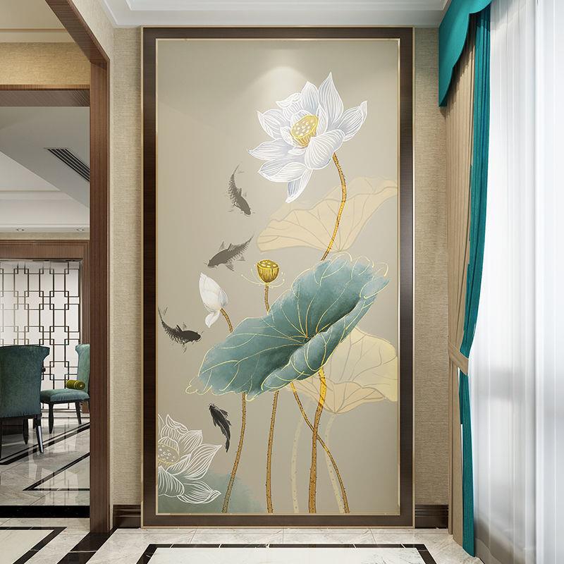 8d水墨荷花壁布竖版过道走廊背景入户玄关壁画墙布新中式