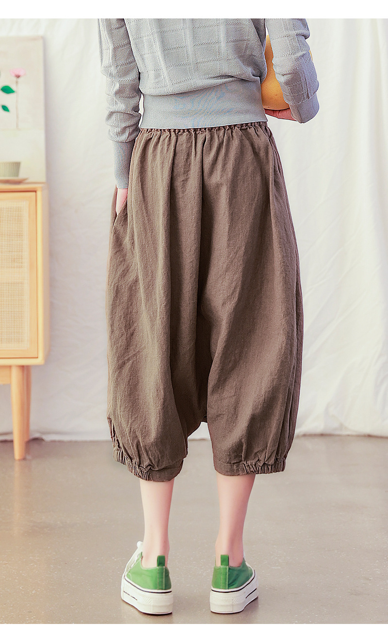 复古纯色苎麻吊裆裤女2022春季新款文艺宽松大码遮肉休闲裤子256