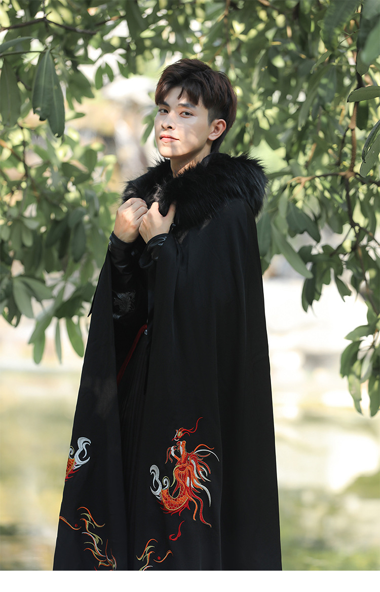 冬季新款汉服男装中国风男生刺绣斗篷中长款古装加绒连帽保暖披风