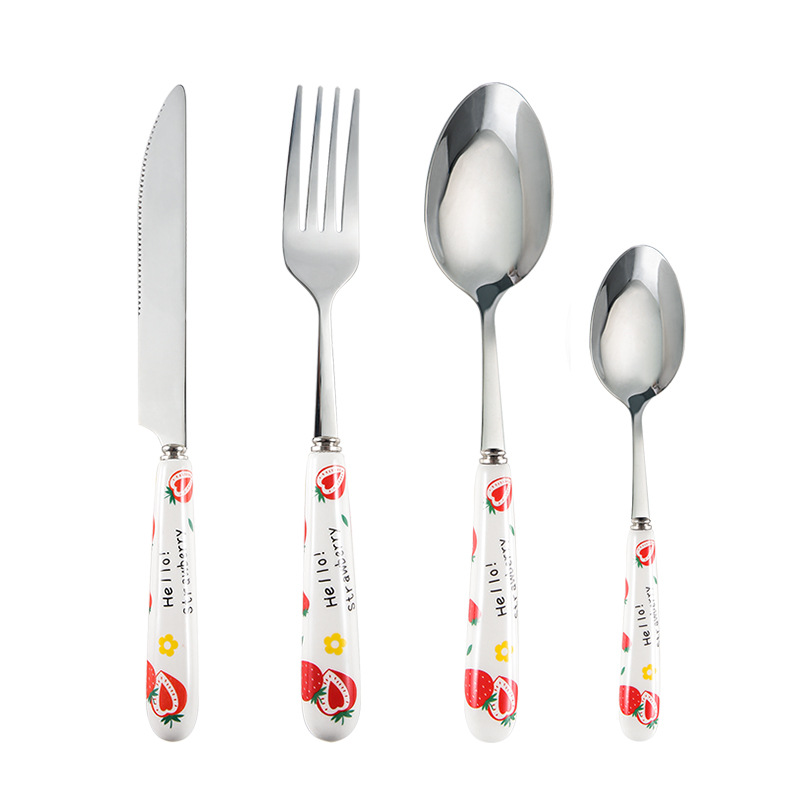 Stainless Steel Tableware Cute Cartoon Teenage Girl Heart Strawberry Porcelain Handle Main Meal Knife, Fork and Spoon Spoon Factory Wholesale Spot