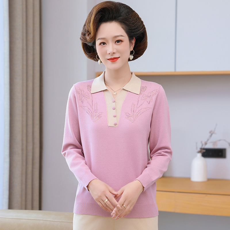 妈妈秋装洋气翻领小衫打底上衣2024新款中老年女装早春针织毛衣女