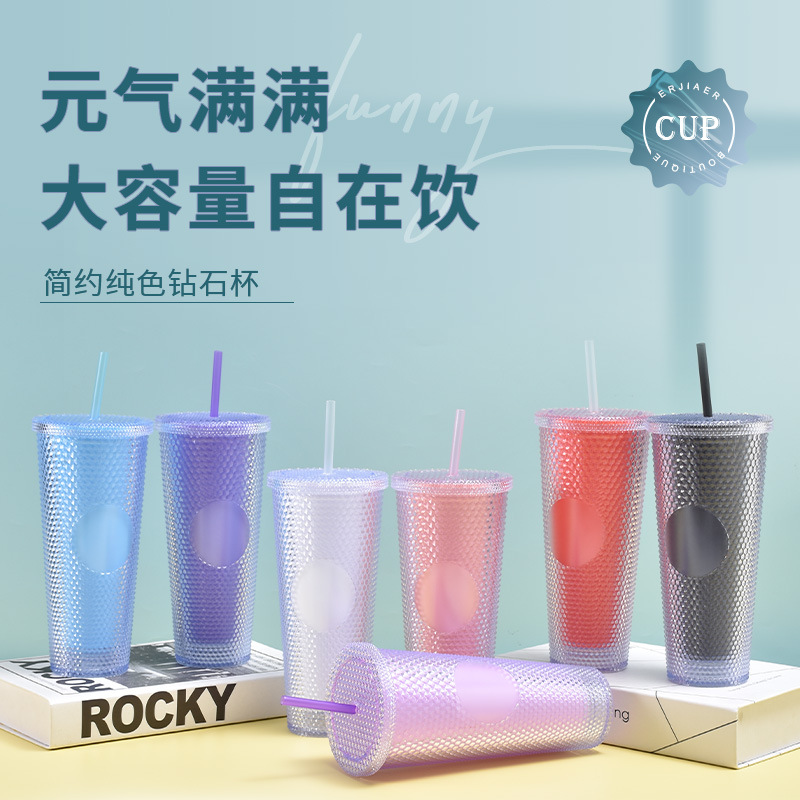 Creative Net Red Diamond Double-Layer Plastic Cup Simple Solid Color Cup with Straw Large Capacity Portable Tie Hand Durian Cup