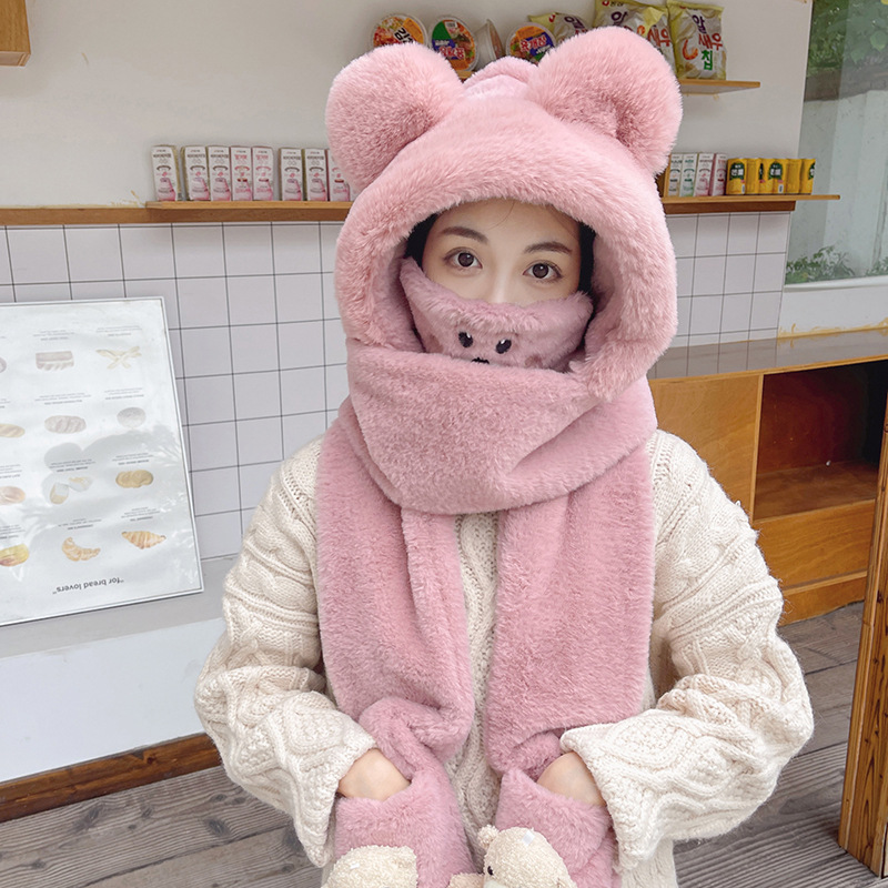 Winter New Bear Hat Mask Scarf Integrated Cute Warm Internet Celebrity Scarf Gloves Hooded Three-Piece Set