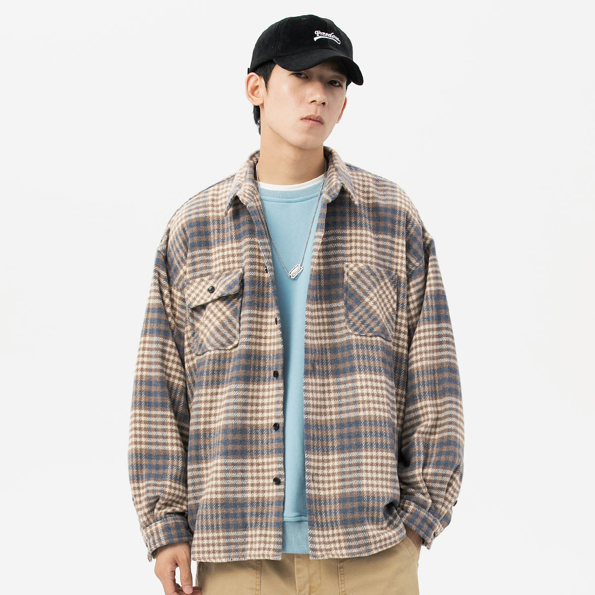 季磨毛格子衬衫男长袖宽松休闲加厚毛呢寸衣潮牌学生衬衣外套