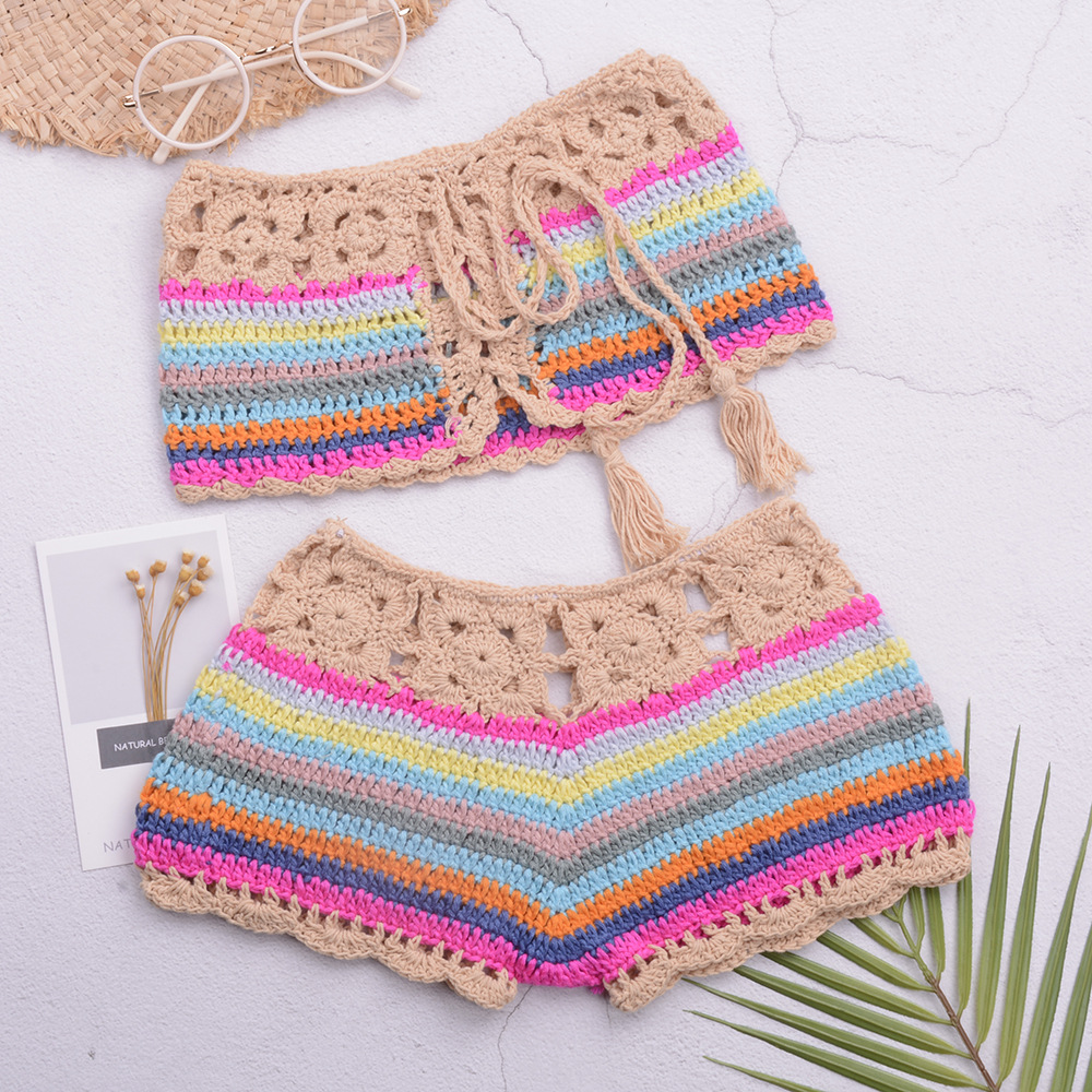 跨境新款儿童泳装原创设计温泉沙滩游泳衣女童手工针织彩虹套装