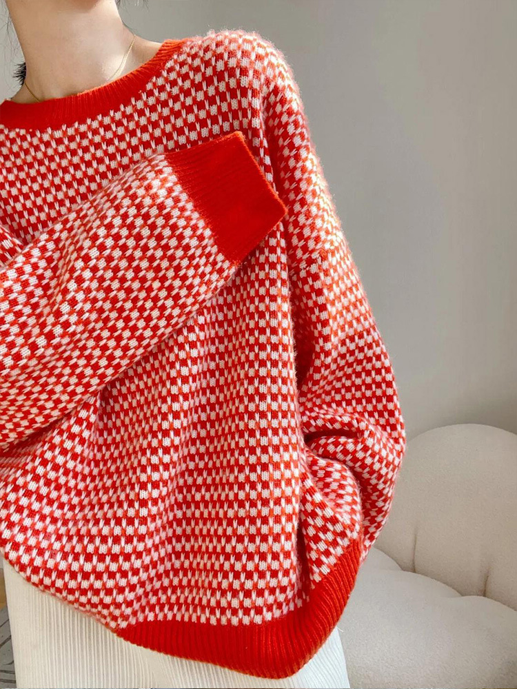 2033欧洲站红色千鸟格软糯新年毛衣女秋冬高级设计感小众