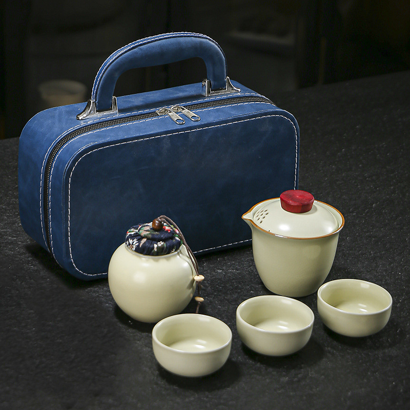 汝窑陶瓷便携式旅行茶具复古套装户外快客杯功夫茶哥窑整套伴手礼